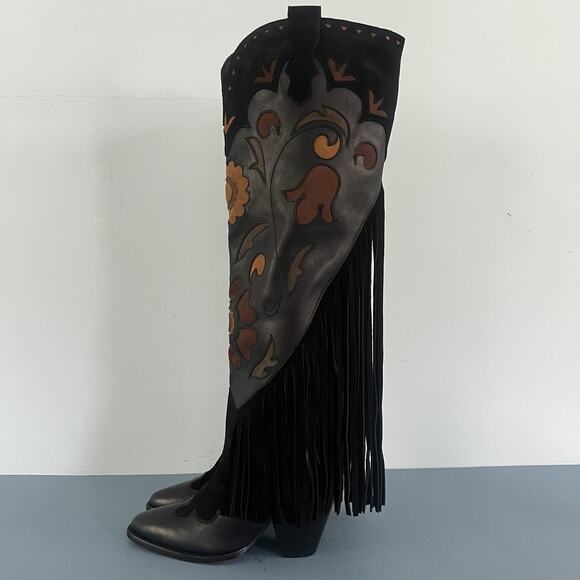 NWT Spell Sannah Fringe Onyx Black Leather Suede Western Tall Boots - Picture 10 of 15